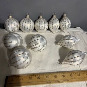 Lot 10 glass Christmas ornaments white gold silver glitter round teardrop